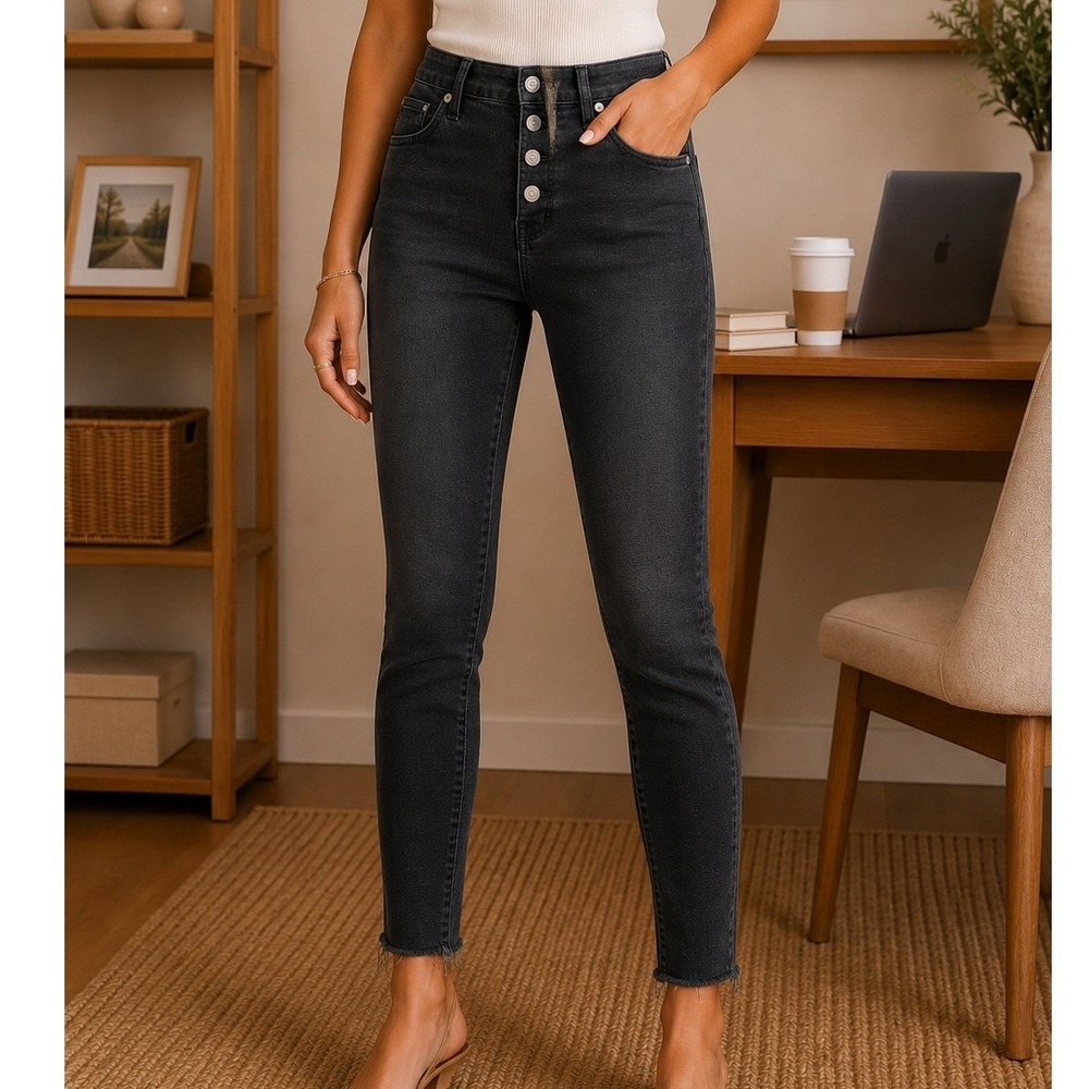 Madewell 9" High-Rise Skinny Jeans Faded Black Button Fly Raw Hem Size 28